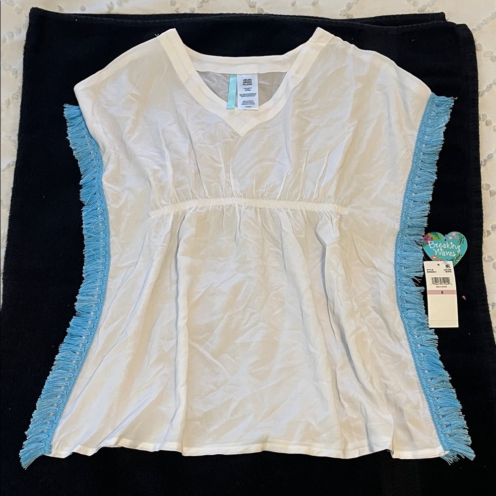 Kids White and Blue Swim Coverup Breaking Waves nwt fringe size 6